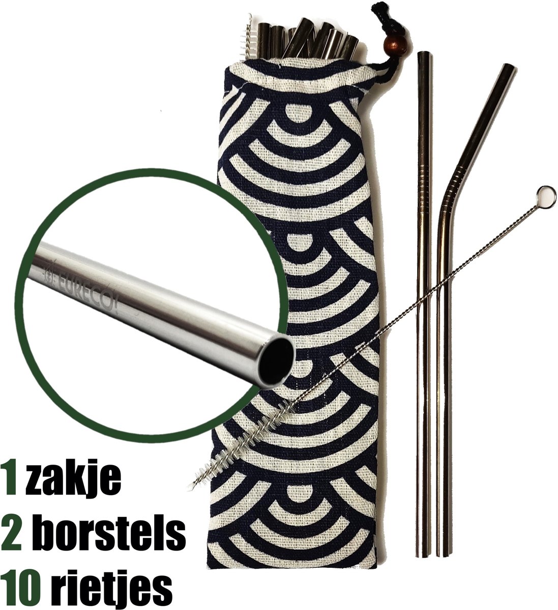 Luxe RVS Rietjes van Eureco! | Set van 10 Herbruikbare Rietjes | 5 Recht 5 Gebogen 21.5 cm | Duurzaam en Stijlvol | +2 Schoonmaakborstels en Opbergzakje | Meerdere Designs Beschikbaar | Metalen Rietjes | Stalen Rietjes